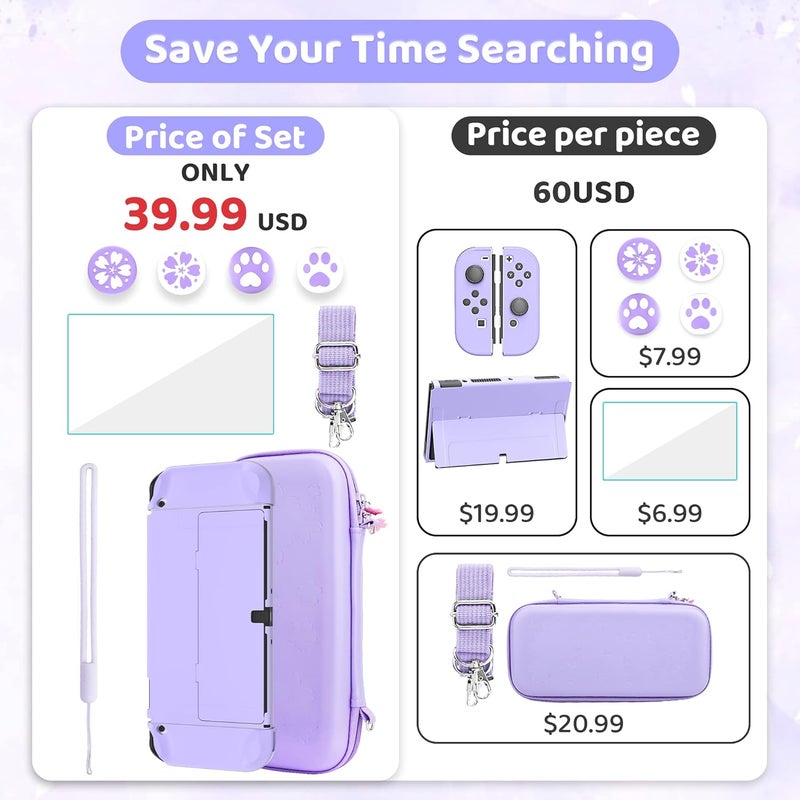 F'DIARY Purple Travel Carrying Case for Nintendo Switch OLED with Sakura Design Portable Accessories Kit with Slim Storage Bag, Dockable PC Skin Case, Screen Protector, Shoulder Strap & 4 Thumb Caps - Image 4